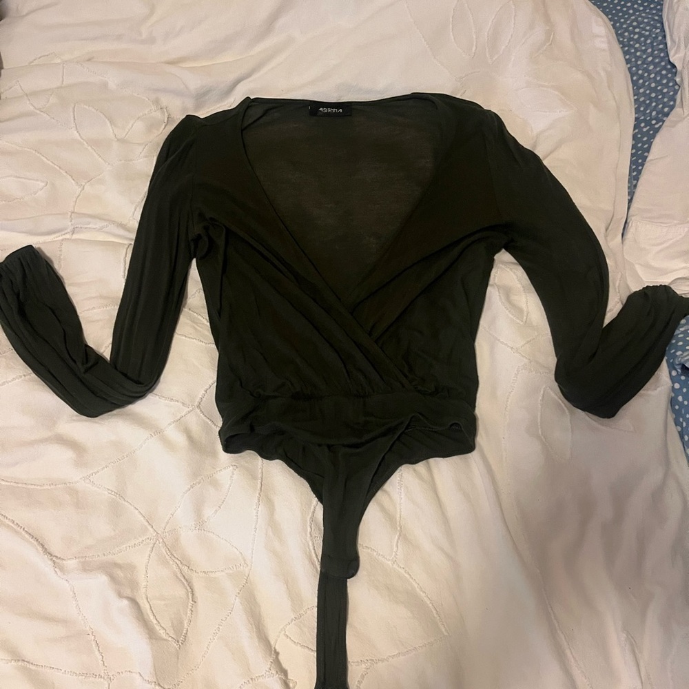 Dark Green Wrap Fitted Long Sleeve Bodysuit